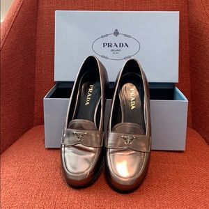 Prada silver pewter “Calzature Donna” loafer flats